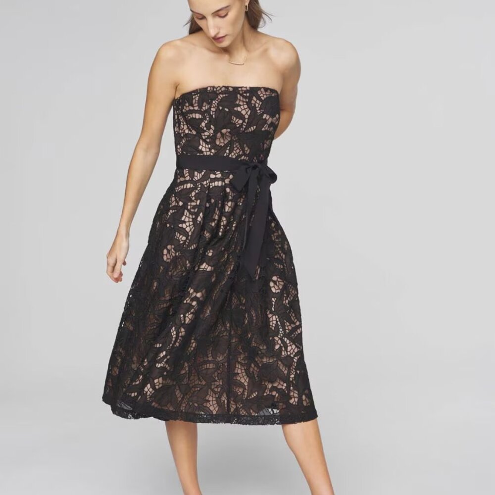 White House Black Market Black Lace Strapless Midi Dress with Nude Underlay